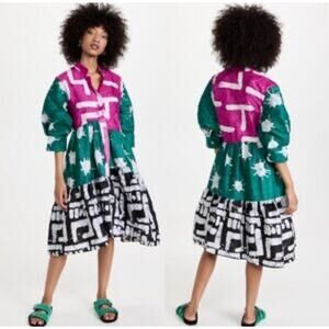 Busayo Tayo Mixed Batik Print Tie Dye Cotton Midi Puff Sleeve Dress Large